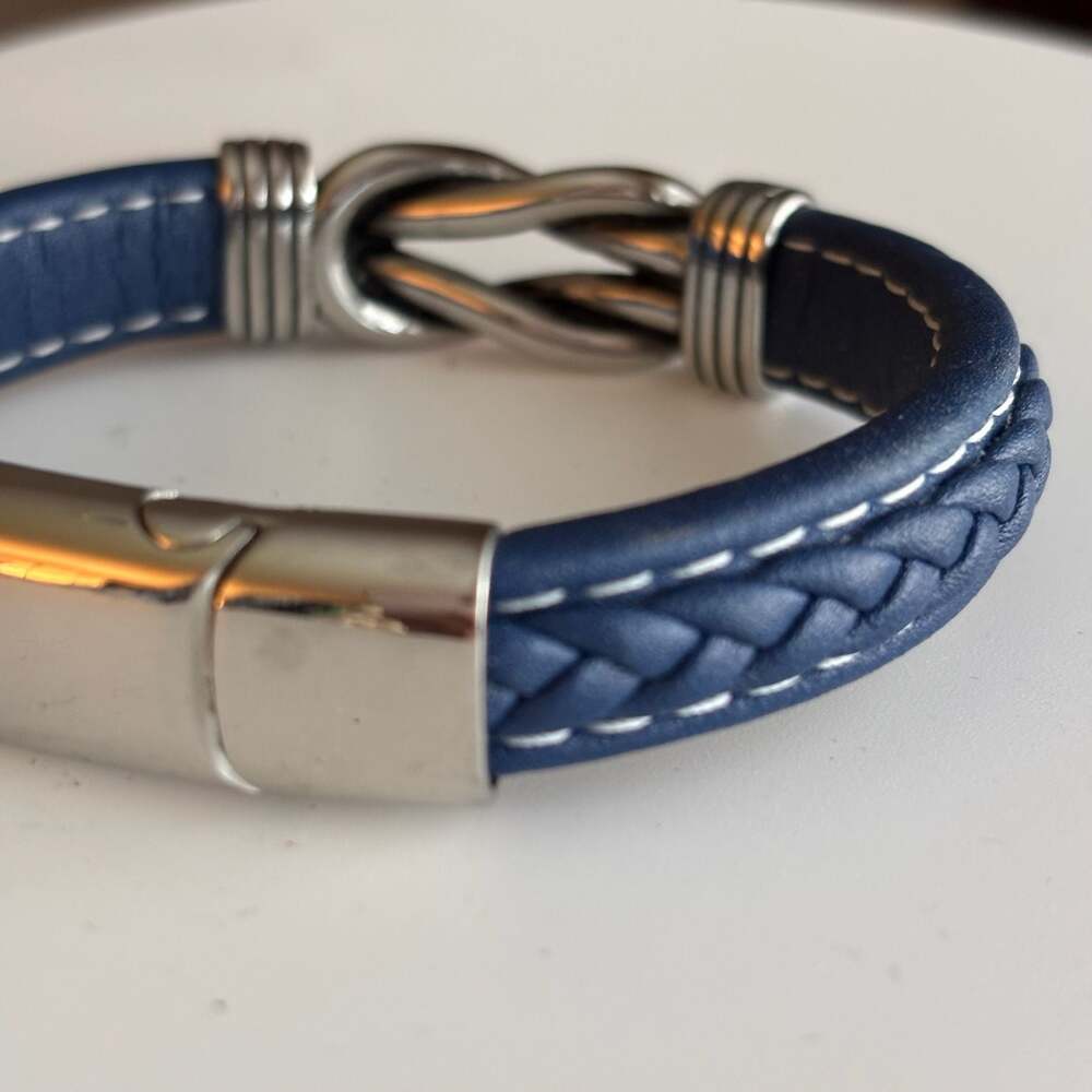 Men's LYNX Stainless Steel & Navy Braided Leather Bracelet - Picture 6 of 8